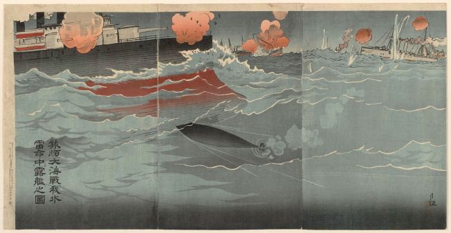 Nuestro torpedo alcanzando un barco enemigo (autor: Kobayashi Kiyochika)