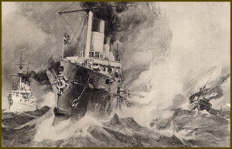 Rossiya y Gromoboi hundiendo carguero japonés de 1,000 ton Nakanoura Maru, días despues del comienzo de la guerra Feb 1904.